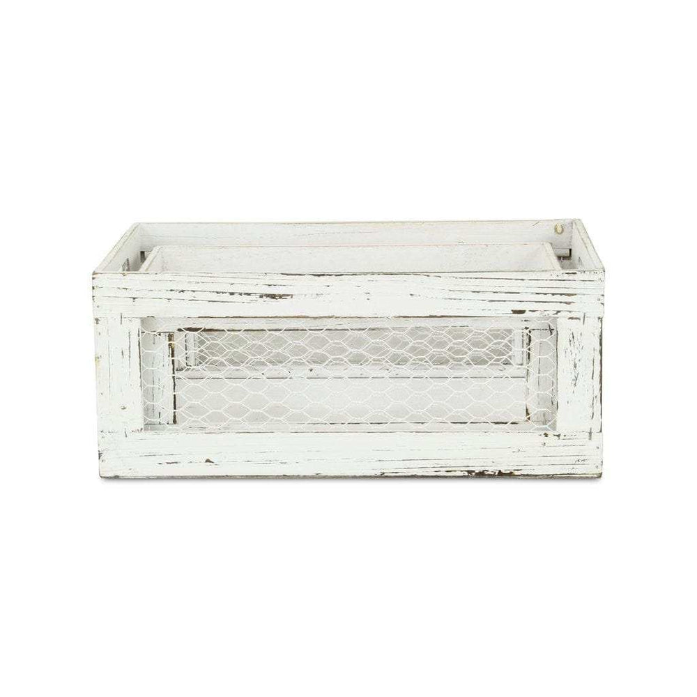 Set of Two Rustic Whitewash Chicken Wire Sides Wooden Crates - Homeroots - Flyclothing LLC