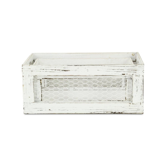 Set of Two Rustic Whitewash Chicken Wire Sides Wooden Crates - Homeroots
