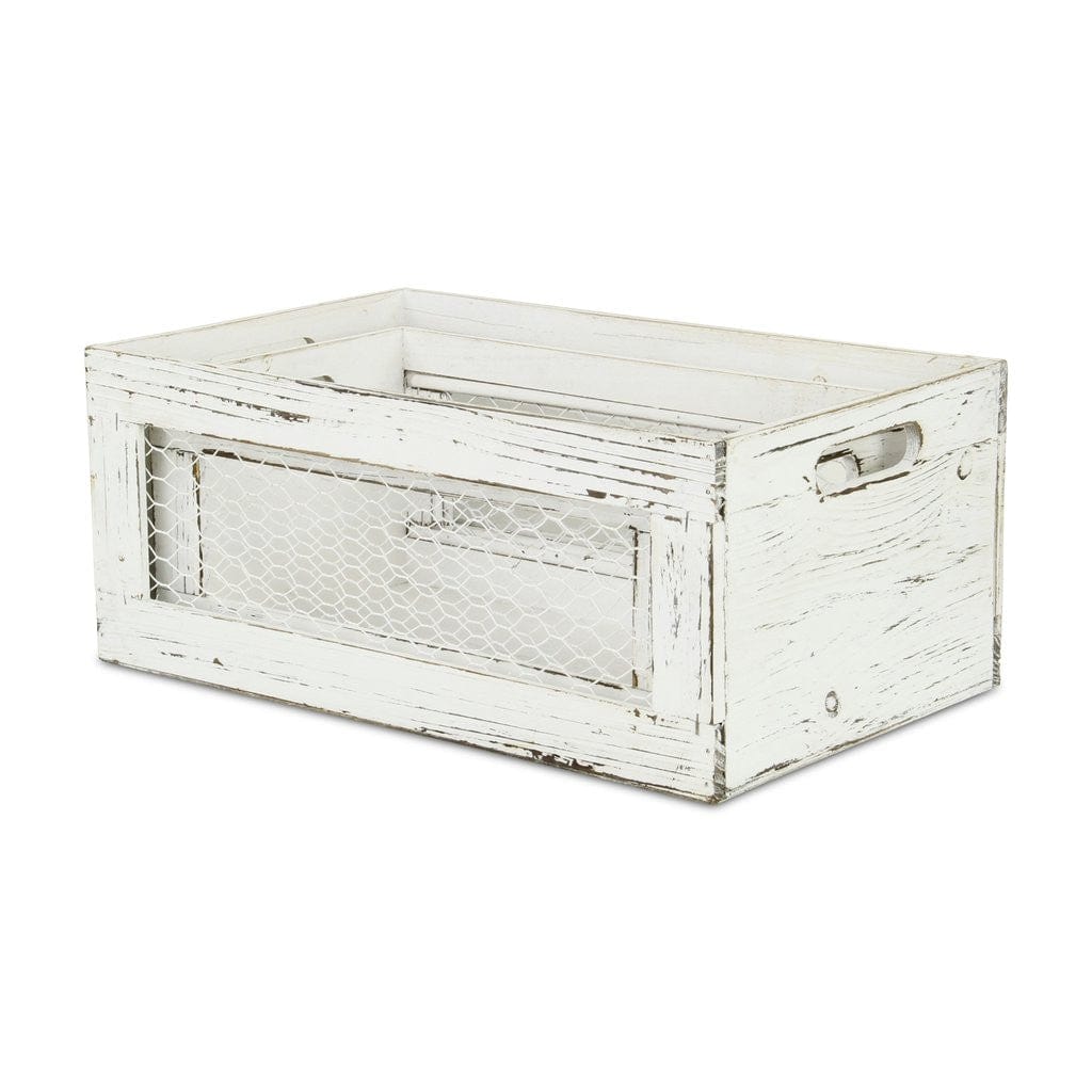 Set of Two Rustic Whitewash Chicken Wire Sides Wooden Crates - Homeroots