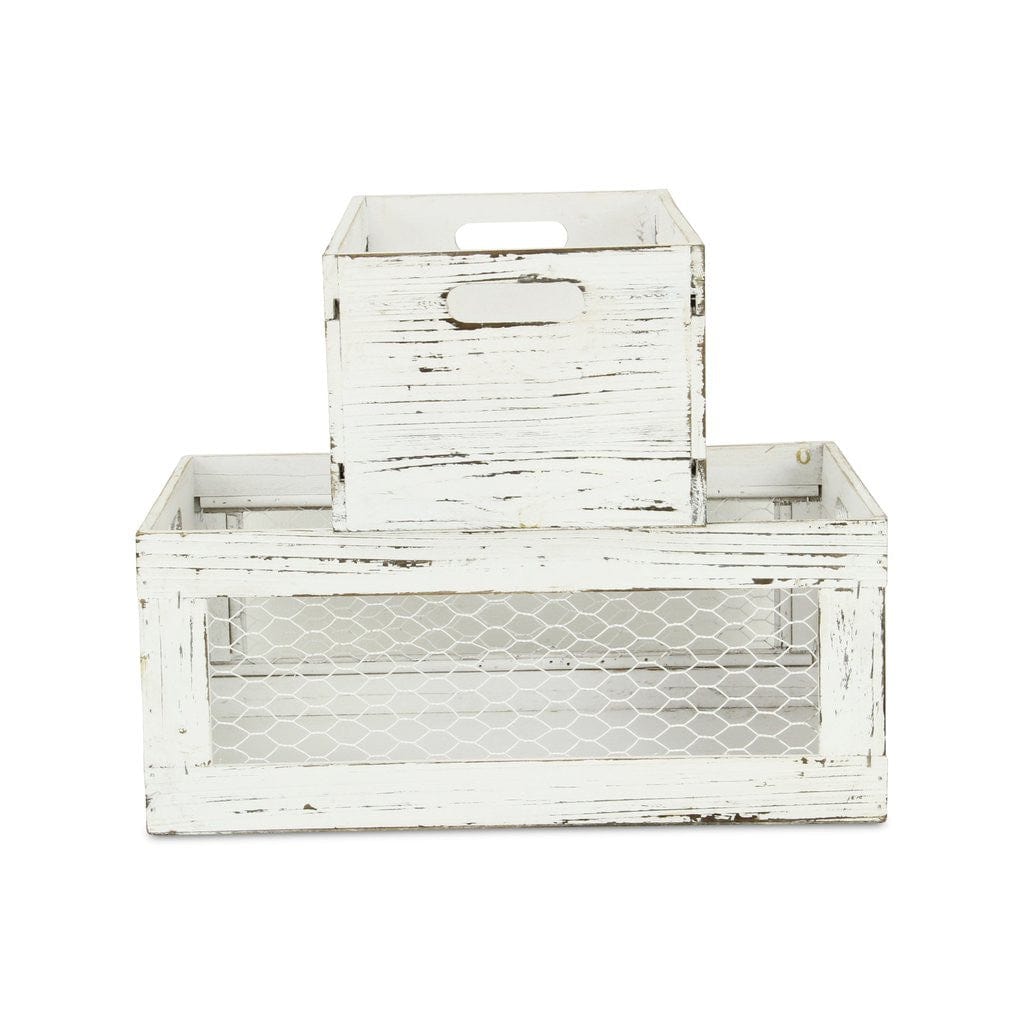 Set of Two Rustic Whitewash Chicken Wire Sides Wooden Crates - Homeroots