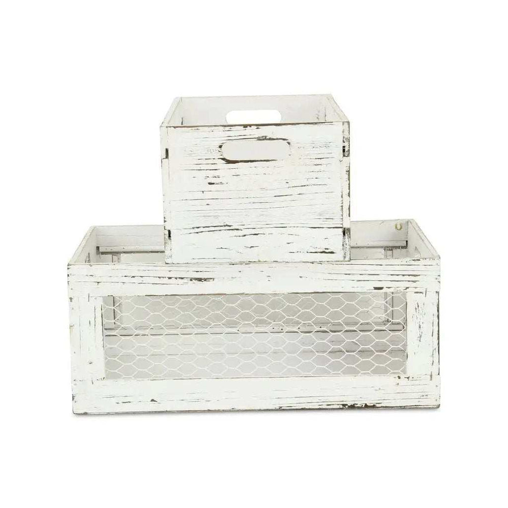 Set of Two Rustic Whitewash Chicken Wire Sides Wooden Crates - Homeroots - Flyclothing LLC