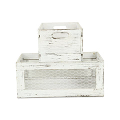 Set of Two Rustic Whitewash Chicken Wire Sides Wooden Crates - Homeroots