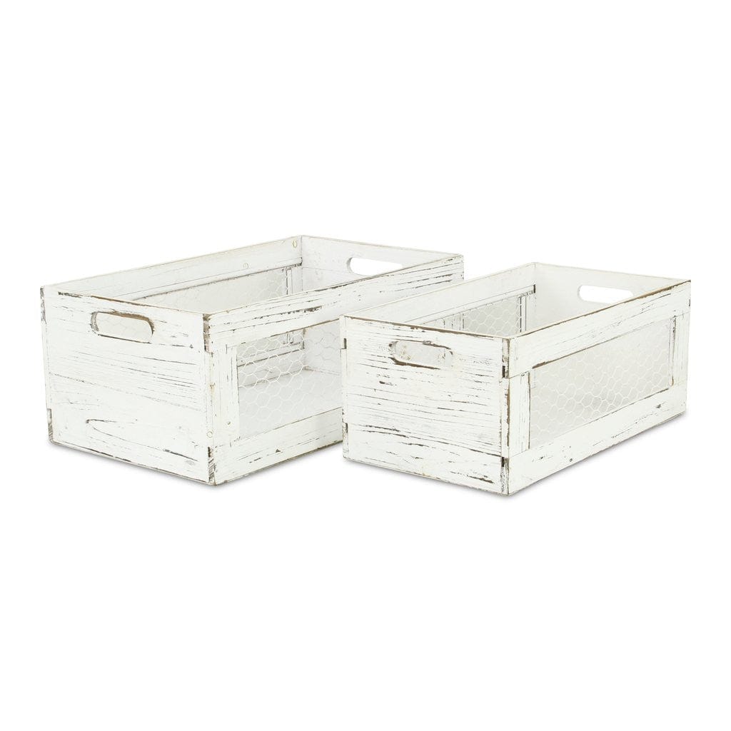 Set of Two Rustic Whitewash Chicken Wire Sides Wooden Crates - Homeroots