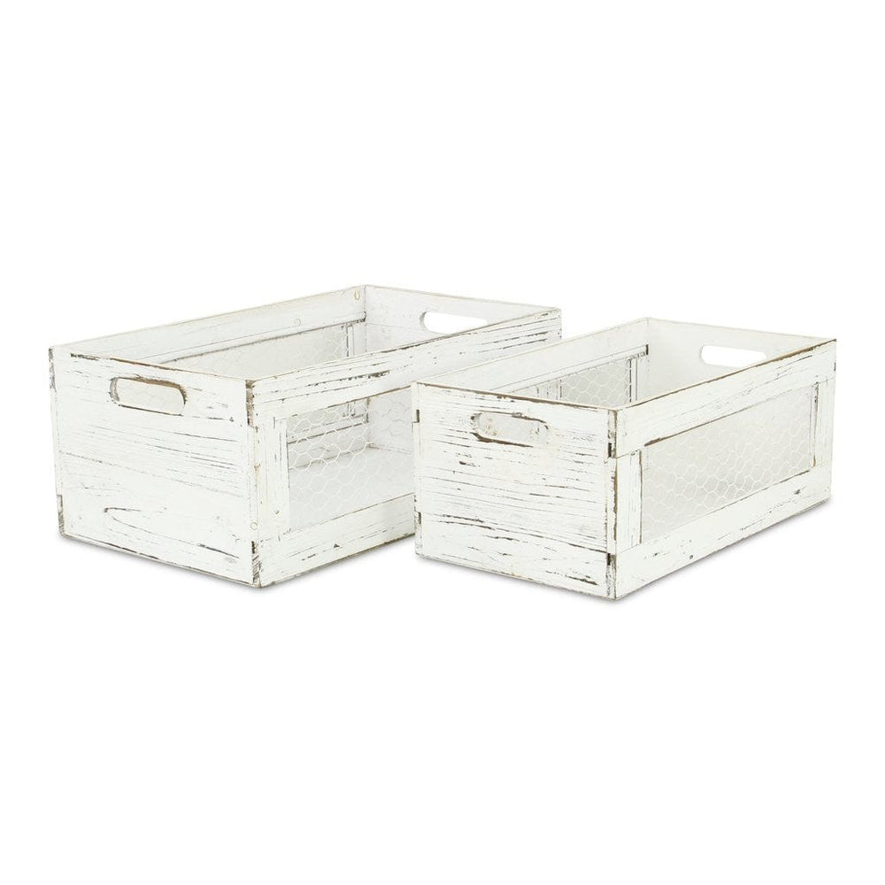 Set of Two Rustic Whitewash Chicken Wire Sides Wooden Crates - Homeroots
