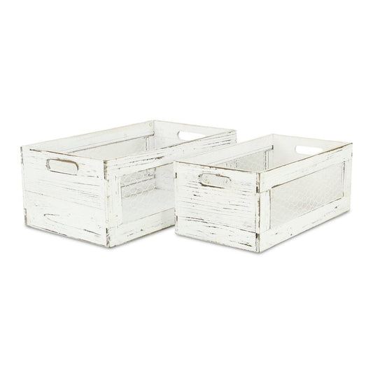 Set of Two Rustic Whitewash Chicken Wire Sides Wooden Crates - Homeroots