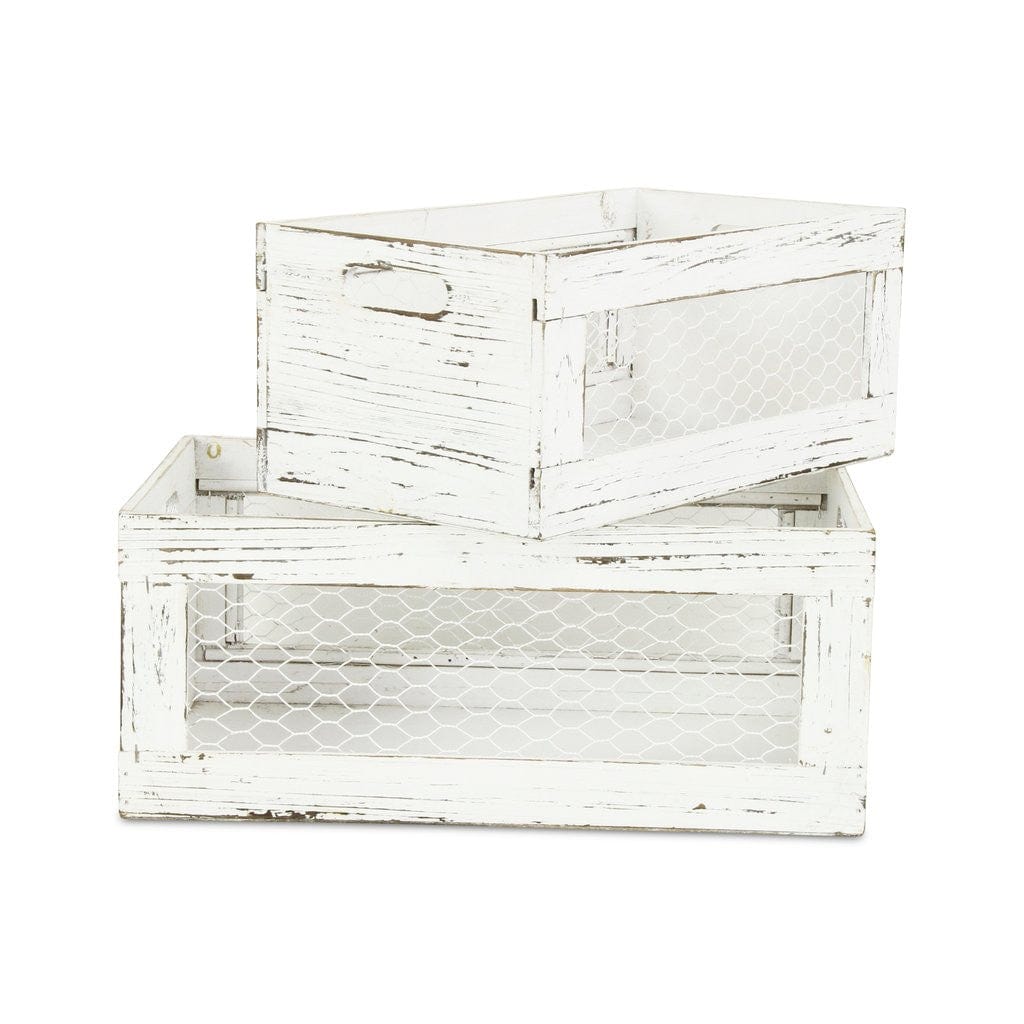 Set of Two Rustic Whitewash Chicken Wire Sides Wooden Crates - Homeroots