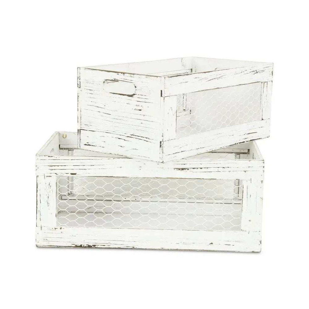 Set of Two Rustic Whitewash Chicken Wire Sides Wooden Crates - Homeroots - Flyclothing LLC