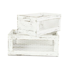 Set of Two Rustic Whitewash Chicken Wire Sides Wooden Crates - Homeroots