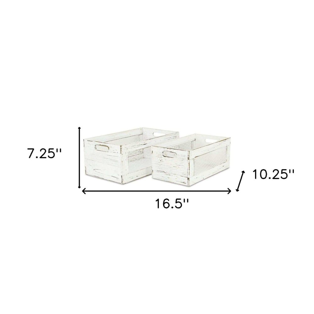 Set of Two Rustic Whitewash Chicken Wire Sides Wooden Crates - Homeroots - Flyclothing LLC