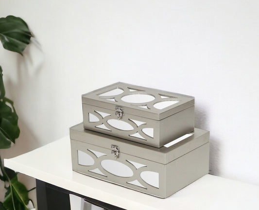 Set of Two Tan Oval Scroll Mirror Jewelry Storage Boxes - Homeroots