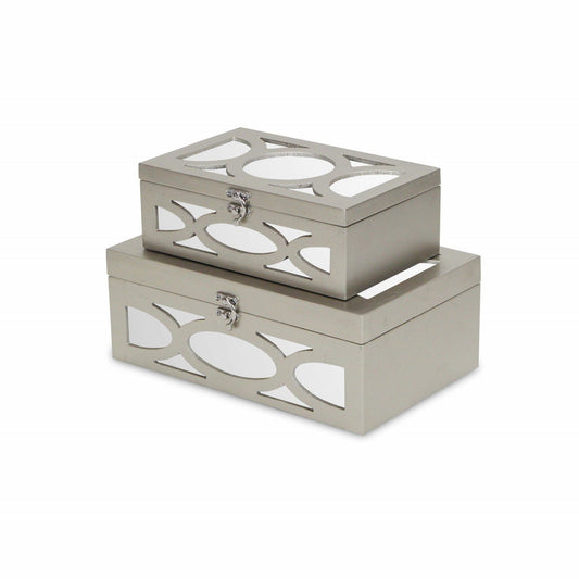 Set of Two Tan Oval Scroll Mirror Jewelry Storage Boxes - Homeroots