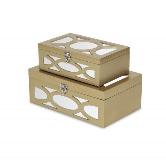 Set of Two Gold Oval Scroll Mirror Jewelry Storage Boxes - Homeroots
