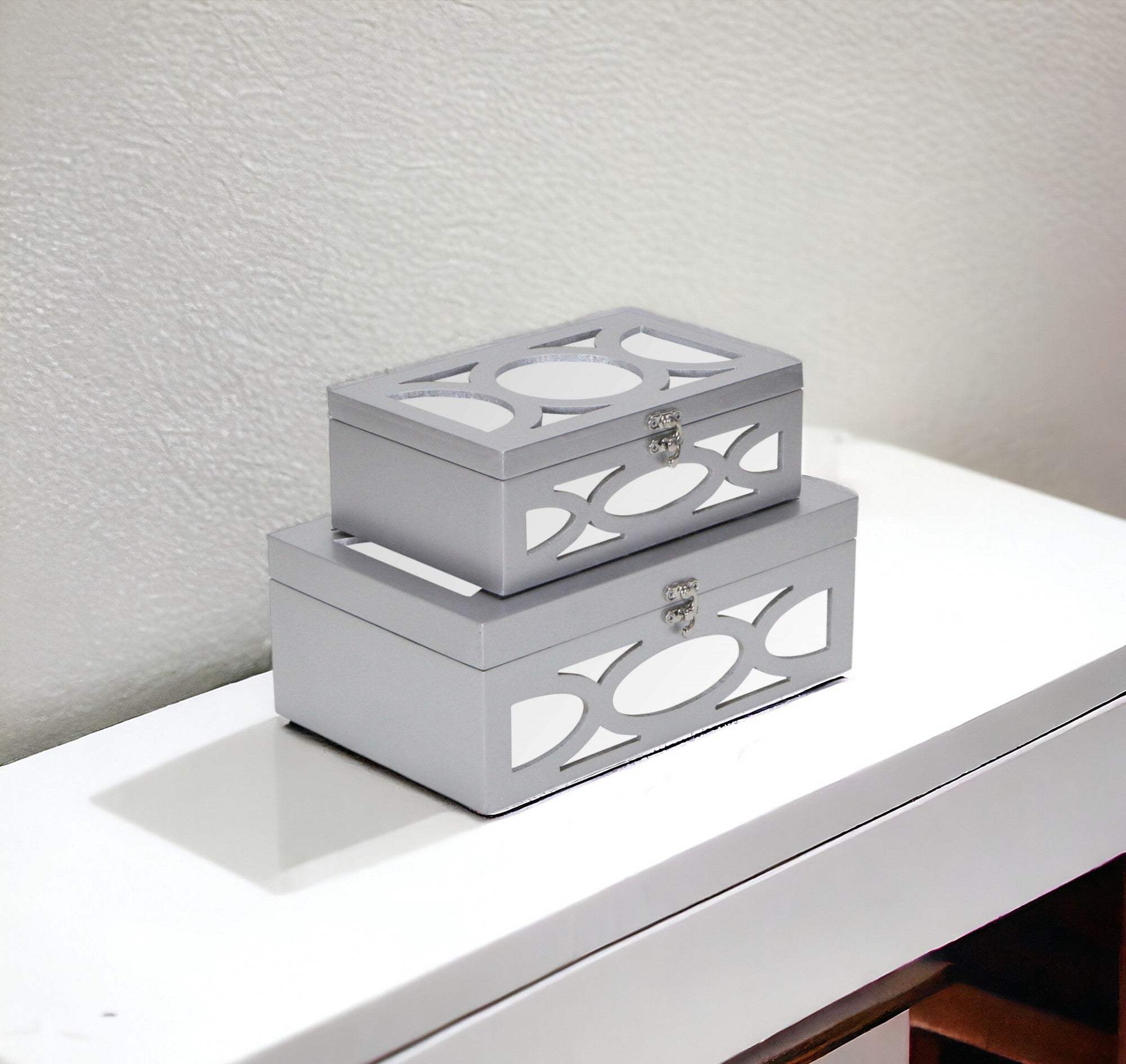 Set of Two Silver Oval Scroll Mirror Jewelry Storage Boxes - Homeroots - Flyclothing LLC