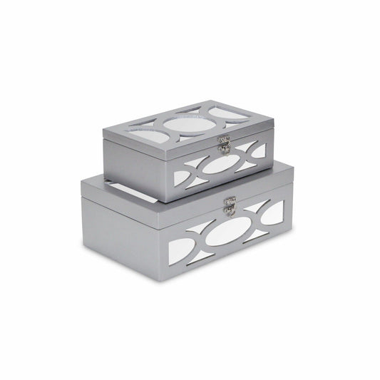 Set of Two Silver Oval Scroll Mirror Jewelry Storage Boxes - Homeroots