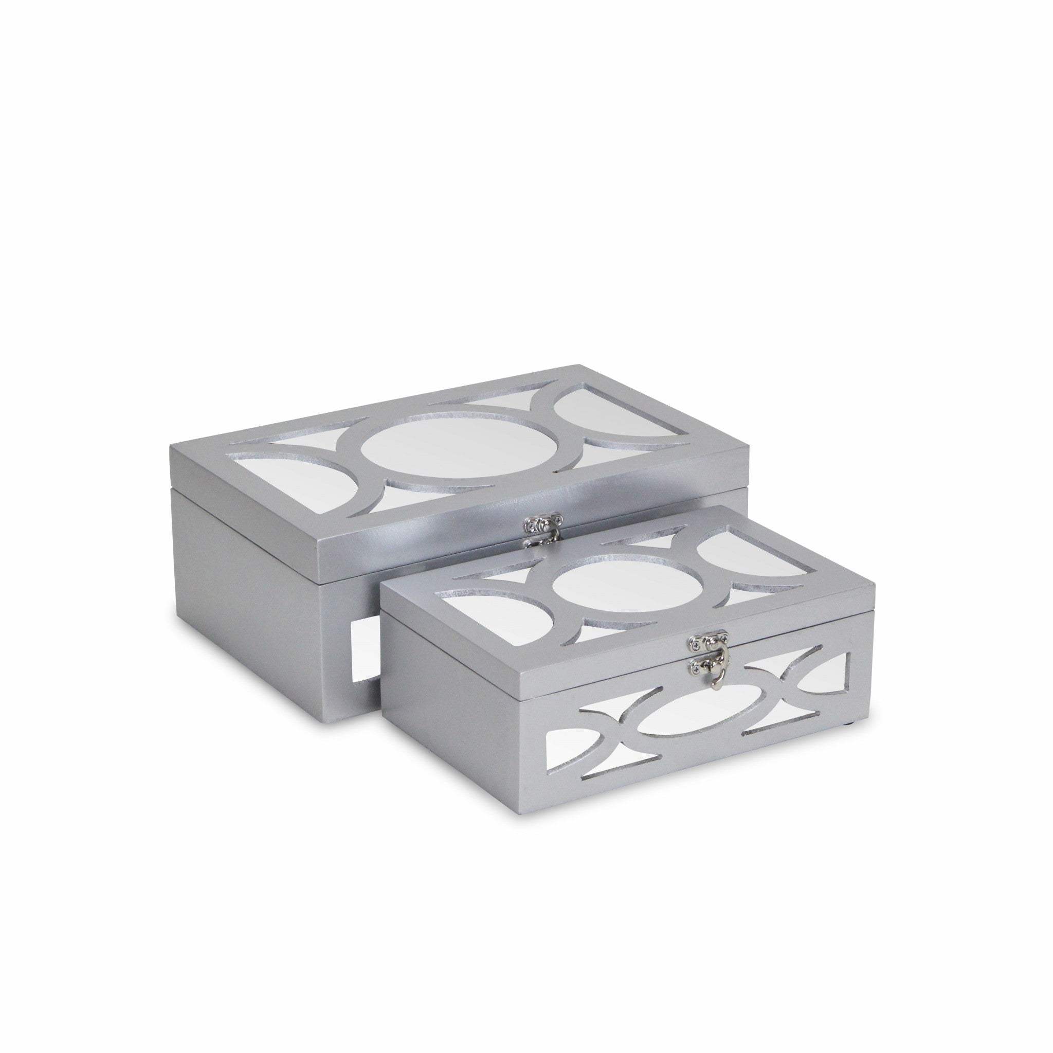 Set of Two Silver Oval Scroll Mirror Jewelry Storage Boxes - Homeroots - Flyclothing LLC