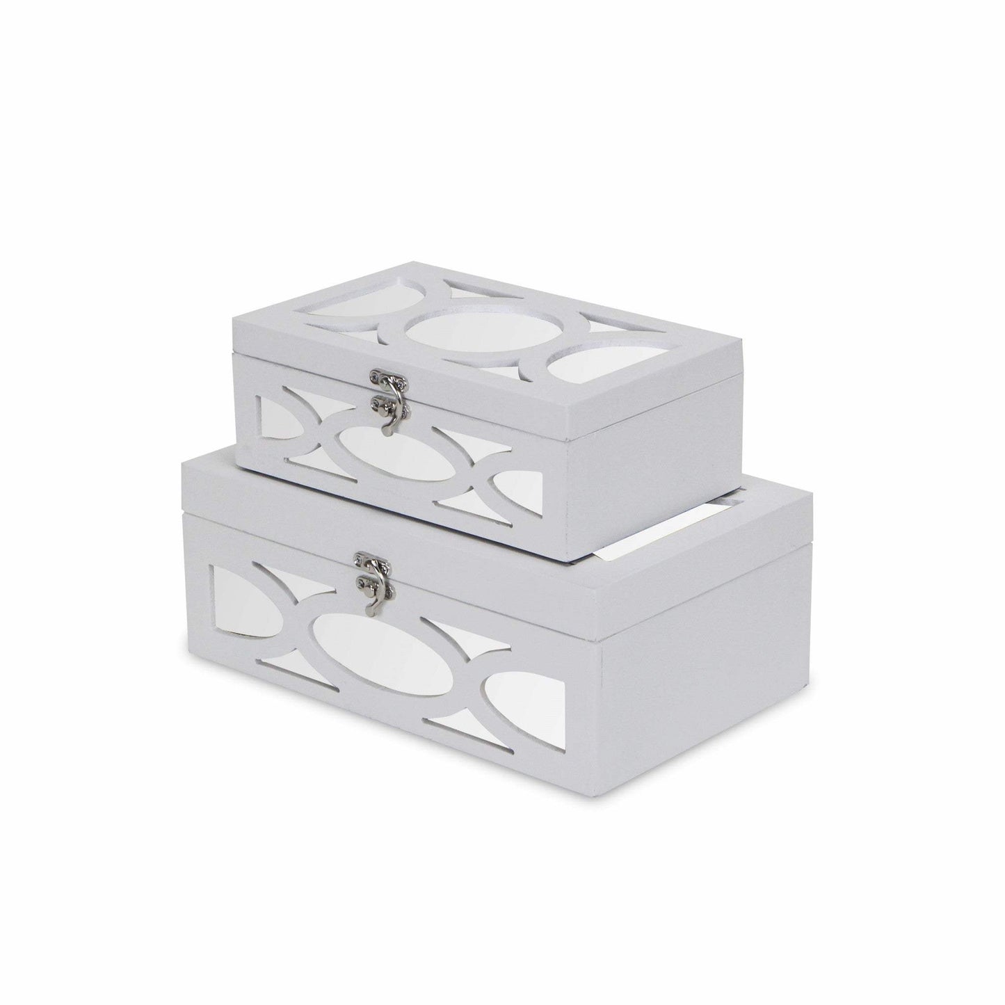 Set of Two White Oval Scroll Mirror Jewelry Storage Boxes - Homeroots - Flyclothing LLC