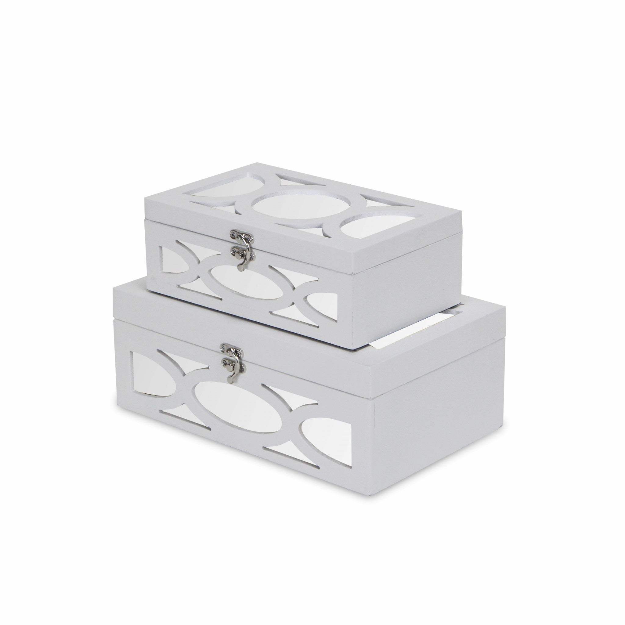 Set of Two White Oval Scroll Mirror Jewelry Storage Boxes - Homeroots - Flyclothing LLC