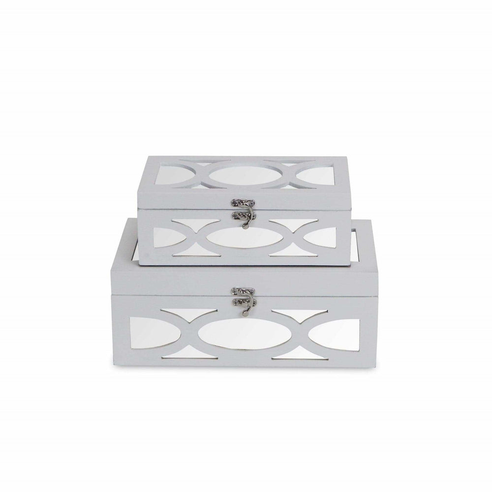 Set of Two White Oval Scroll Mirror Jewelry Storage Boxes - Homeroots - Flyclothing LLC