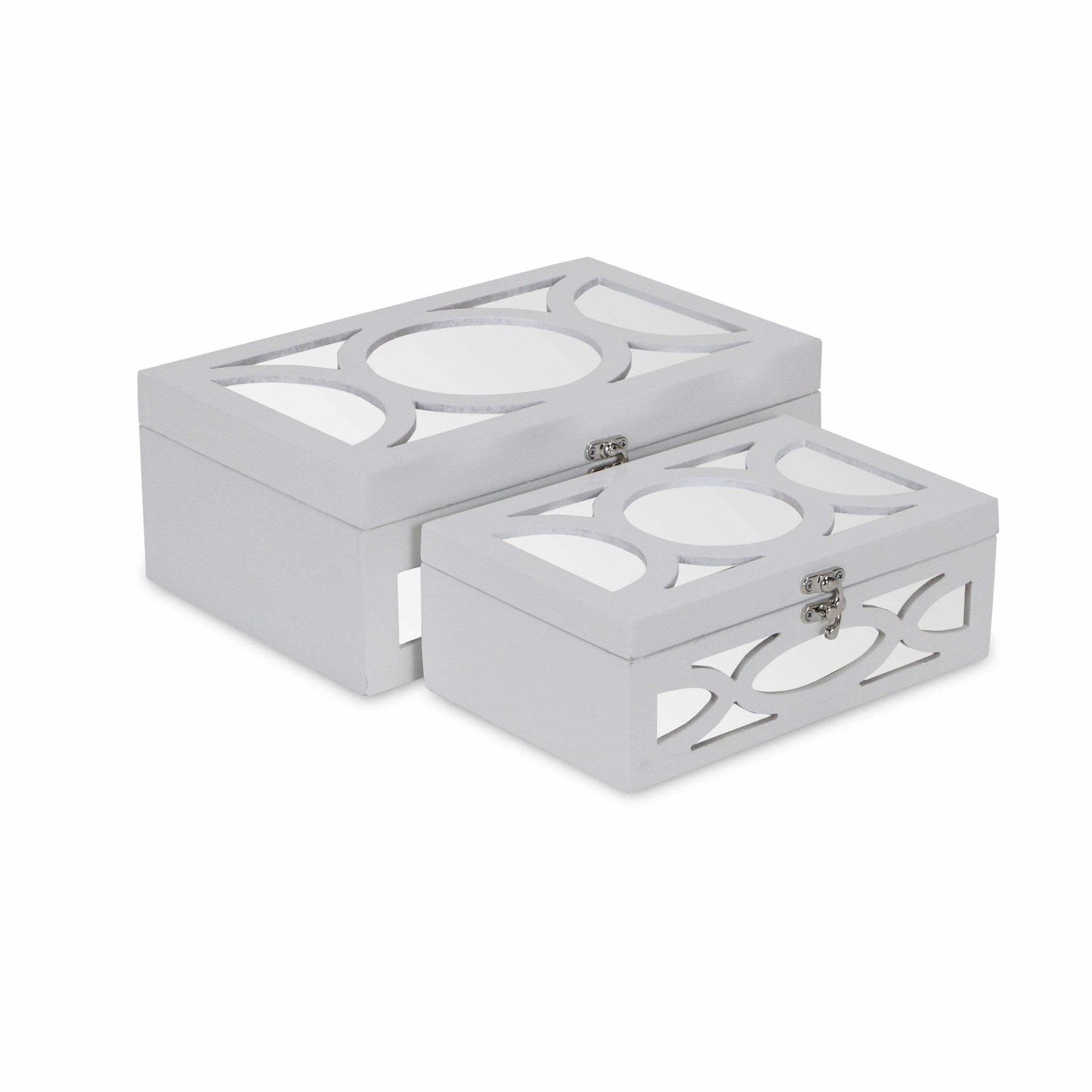 Set of Two White Oval Scroll Mirror Jewelry Storage Boxes - Homeroots - Flyclothing LLC