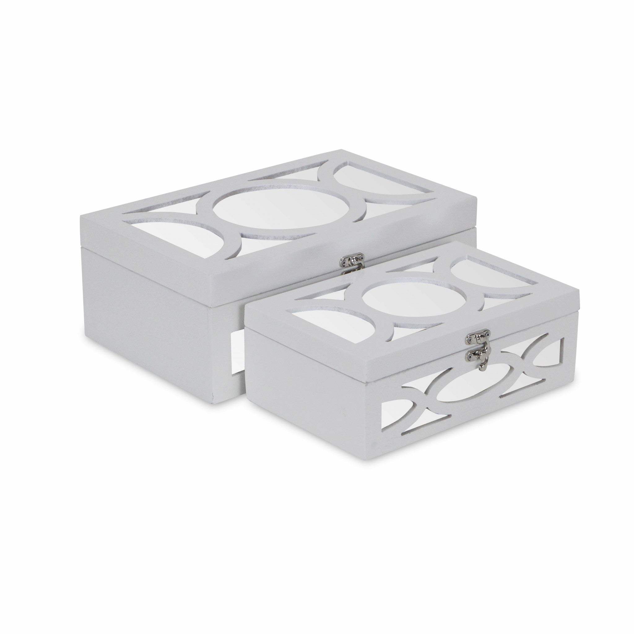 Set of Two White Oval Scroll Mirror Jewelry Storage Boxes - Homeroots - Flyclothing LLC