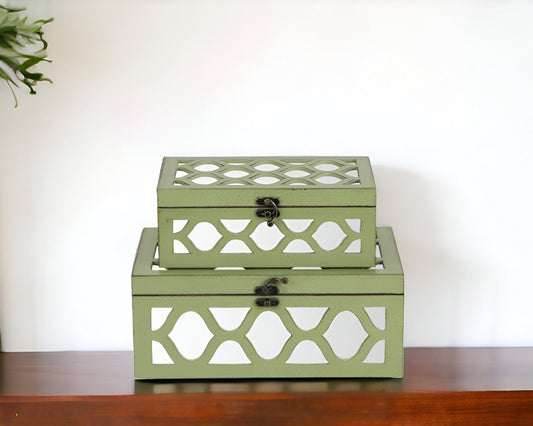 Set of Green Quatrefoil Mirror Jewelry Storage Boxes - Homeroots