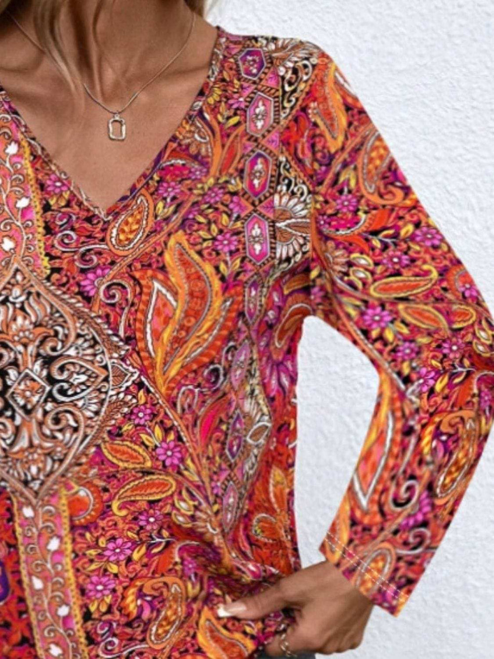 Printed V-Neck Long Sleeve Blouse - Trendsi - Flyclothing LLC