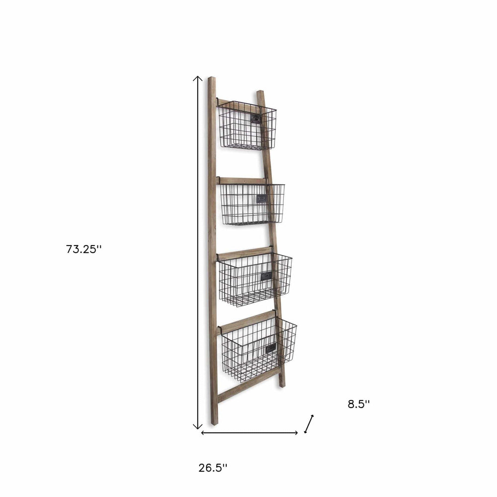 Wooden Ladder Storage Piece with 4 Baskets - Homeroots - Flyclothing LLC