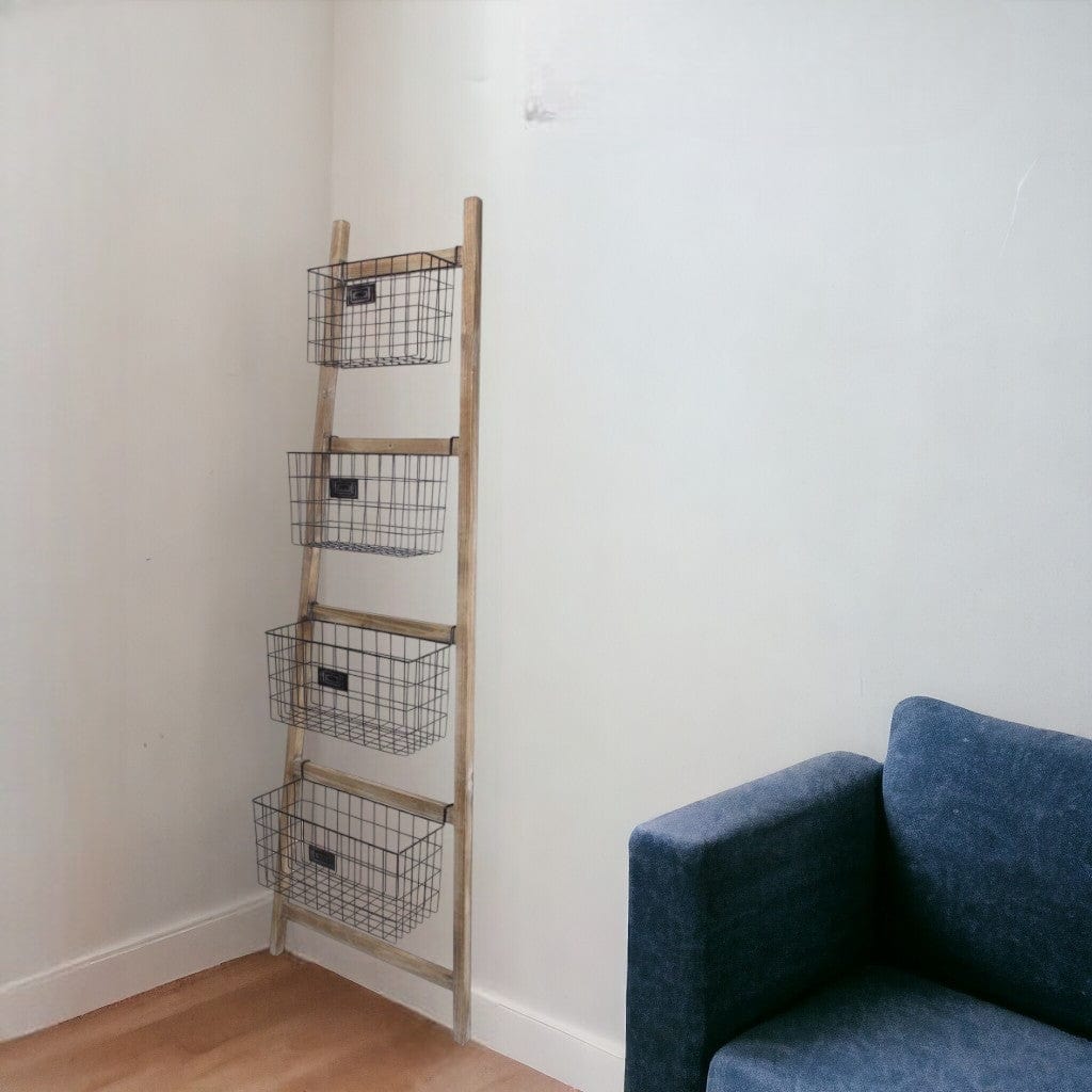 Wooden Ladder Storage Piece with 4 Baskets - Homeroots - Flyclothing LLC