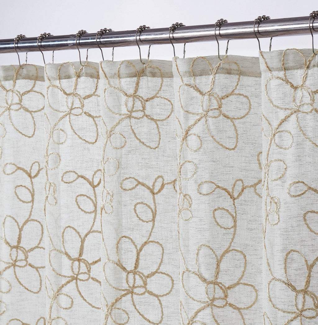 Tan and White Floral Embroider Shower Curtain - Homeroots - Flyclothing LLC