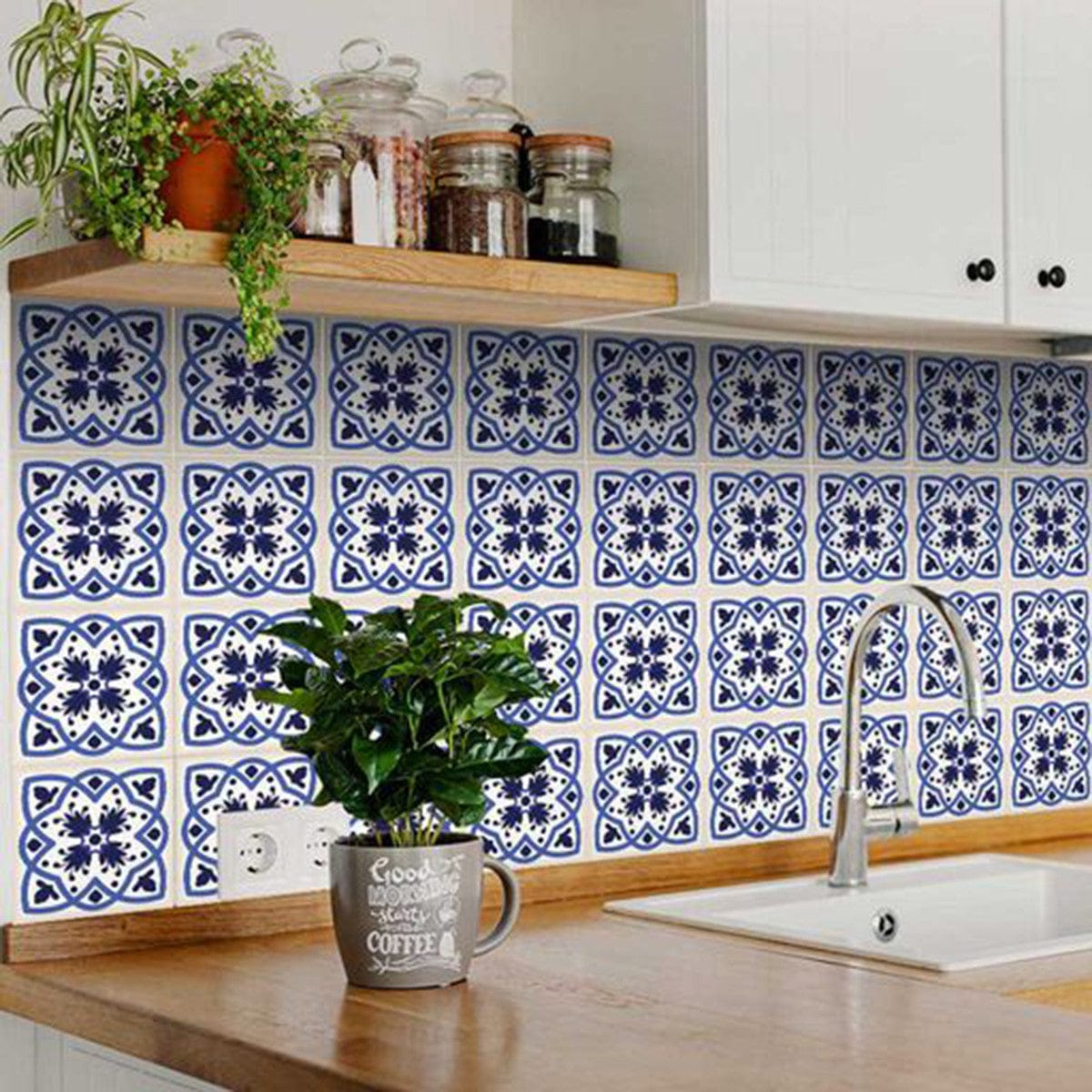 7" X 7" Blue And White Mosaic Peel And Stick Removable Tiles - Homeroots - Flyclothing LLC