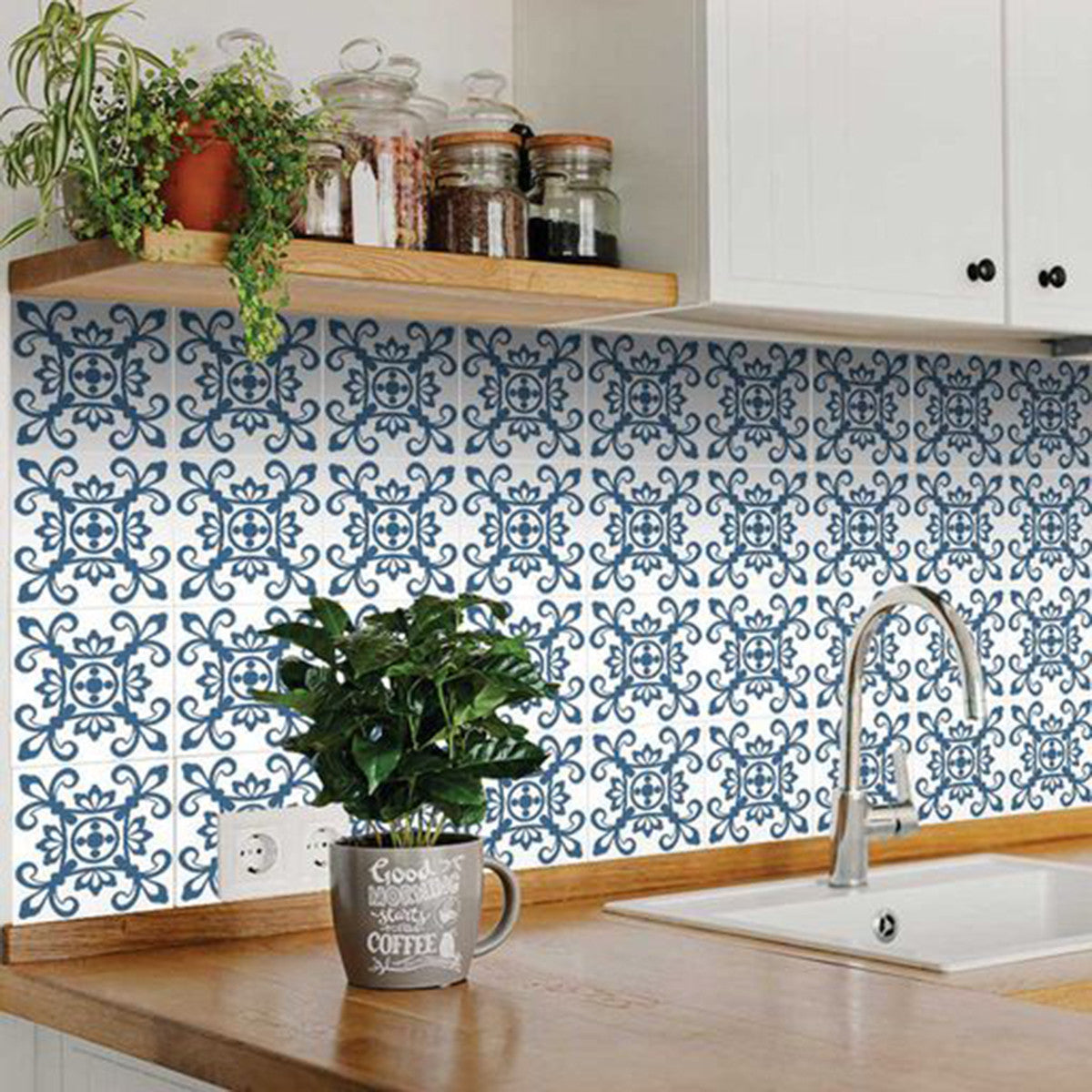 7" X 7" Teal And White Mosaic Peel And Stick Removable Tiles - Homeroots - Flyclothing LLC