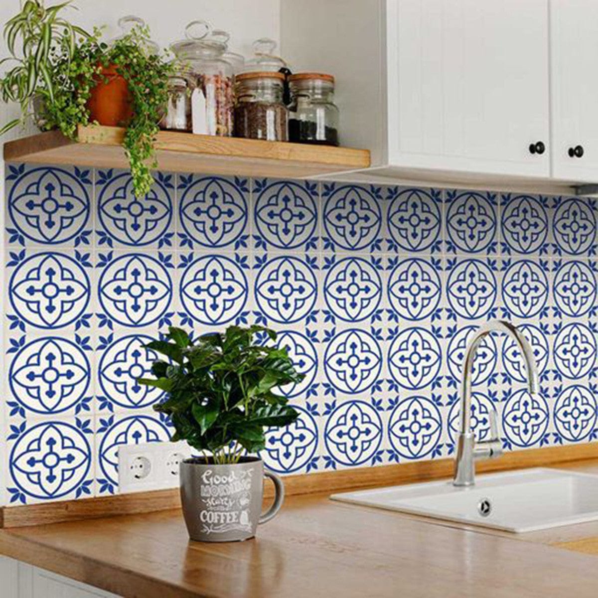 4" X 4" Tulipa Blue and White Peel and Stick Removable Tiles - Homeroots - Flyclothing LLC