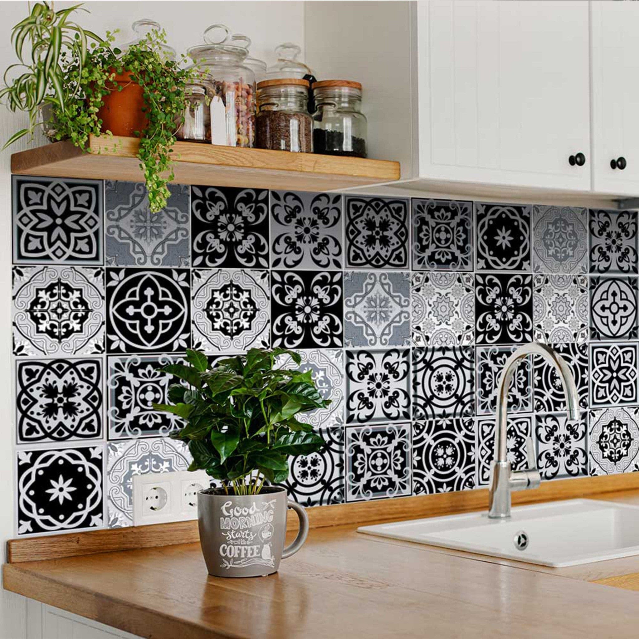 6" X 6" Black White and Gray Mosaic Peel and Stick Tiles - Homeroots