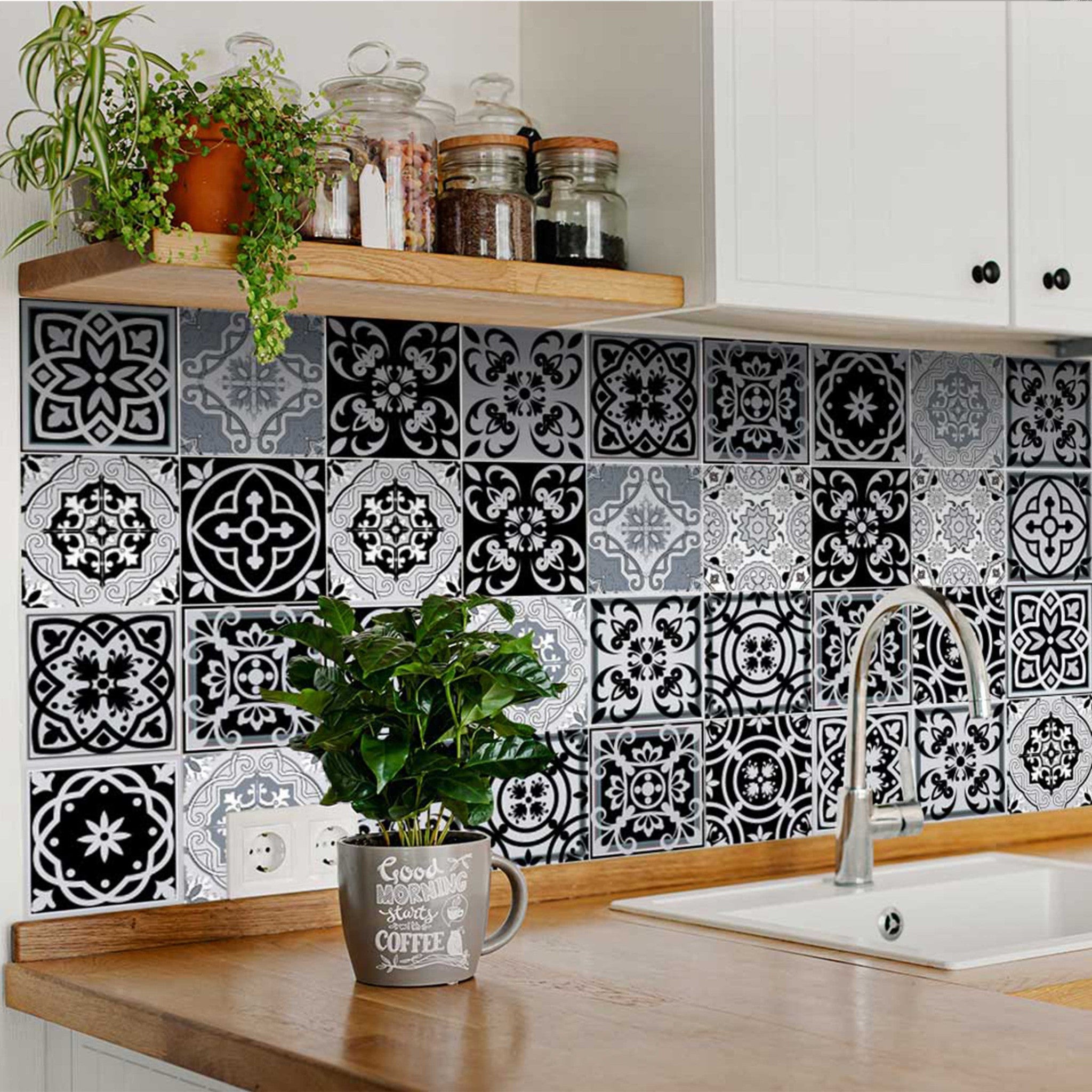 8" X 8" Black White and Gray Mosaic Peel and Stick Tiles