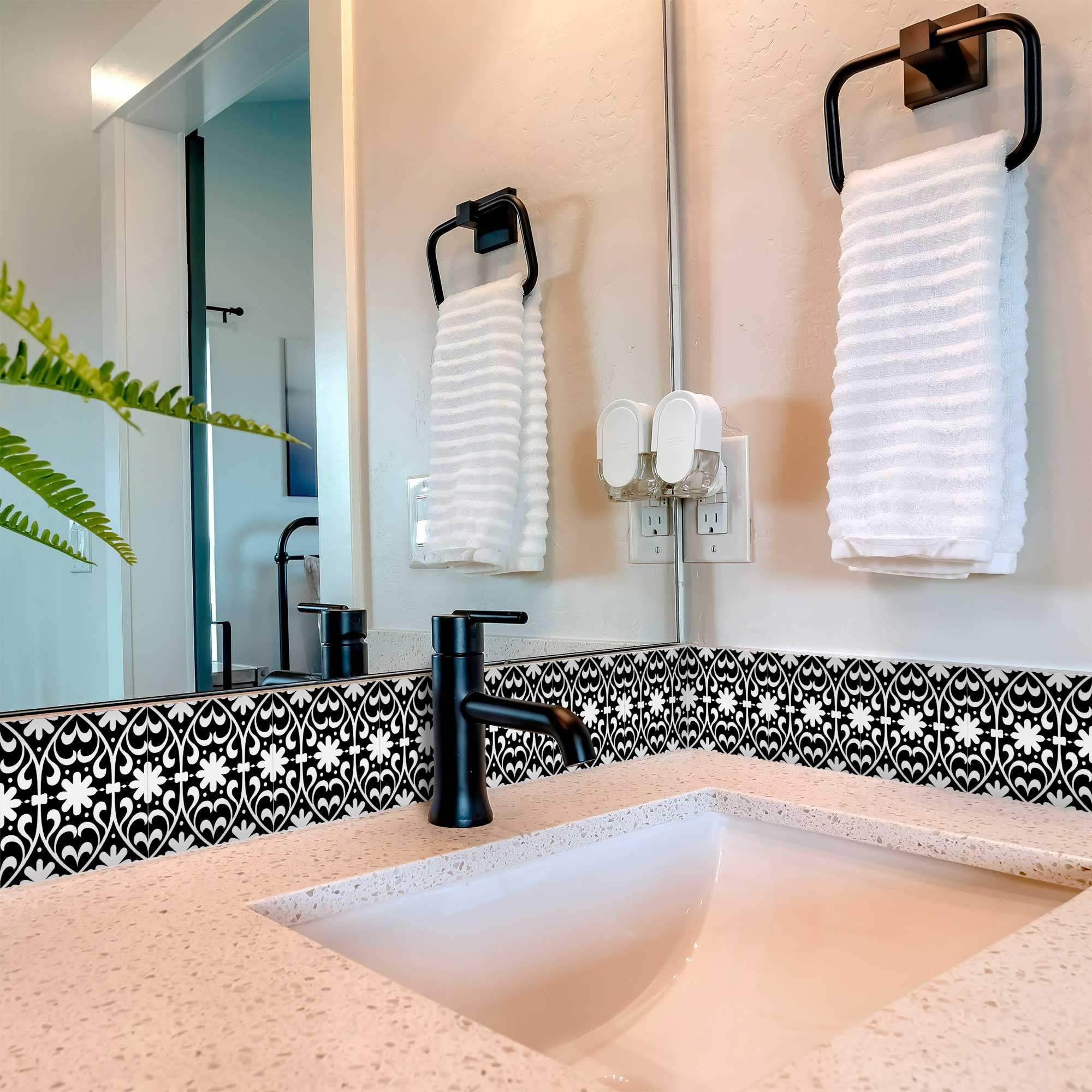 4" X 4" Black and White Floral Peel and Stick Removable Tiles - Homeroots - Flyclothing LLC