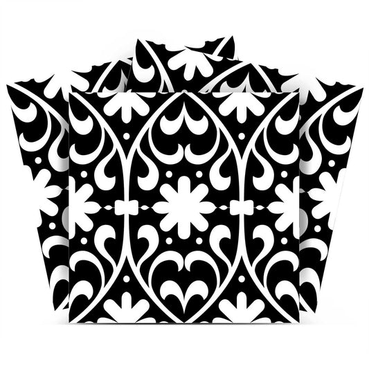 6" X 6" Black and White Floral Peel and Stick Removable Tiles - Homeroots