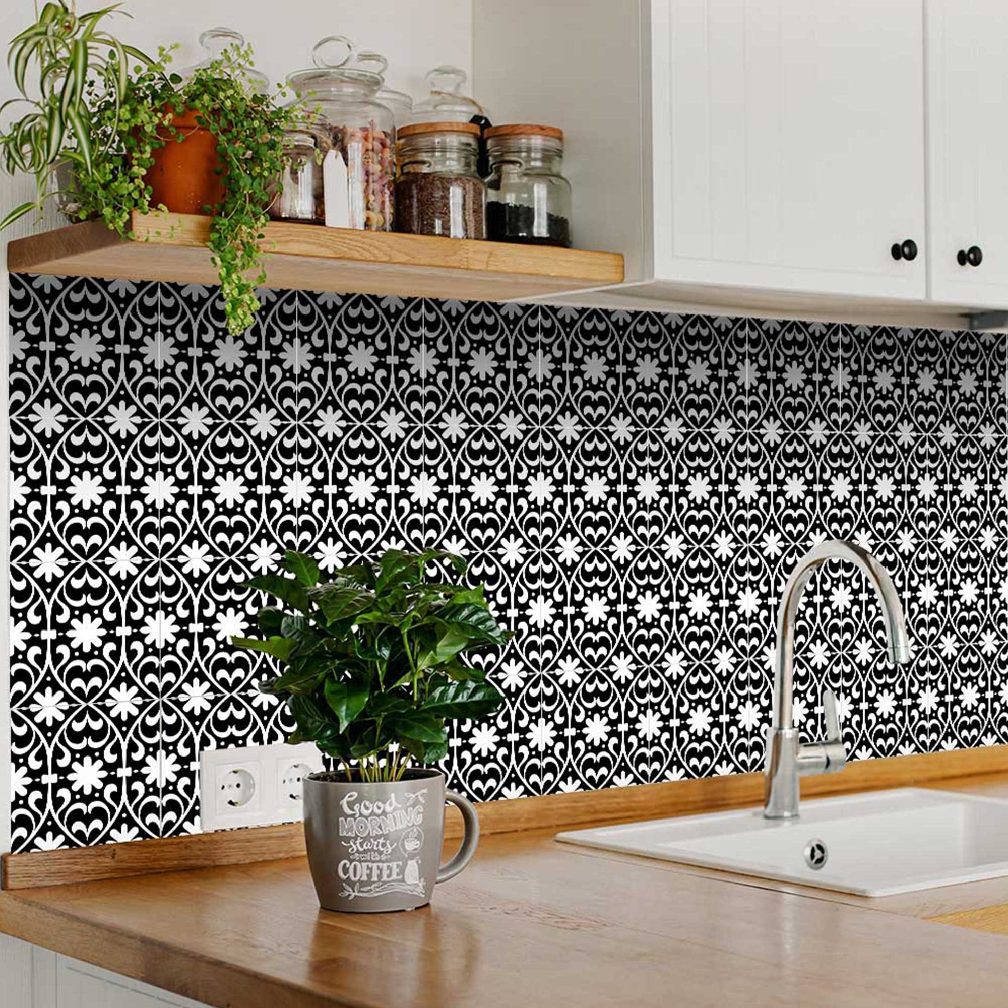 7" X 7" Black and White Floral Peel and Stick Removable Tiles - Homeroots - Flyclothing LLC