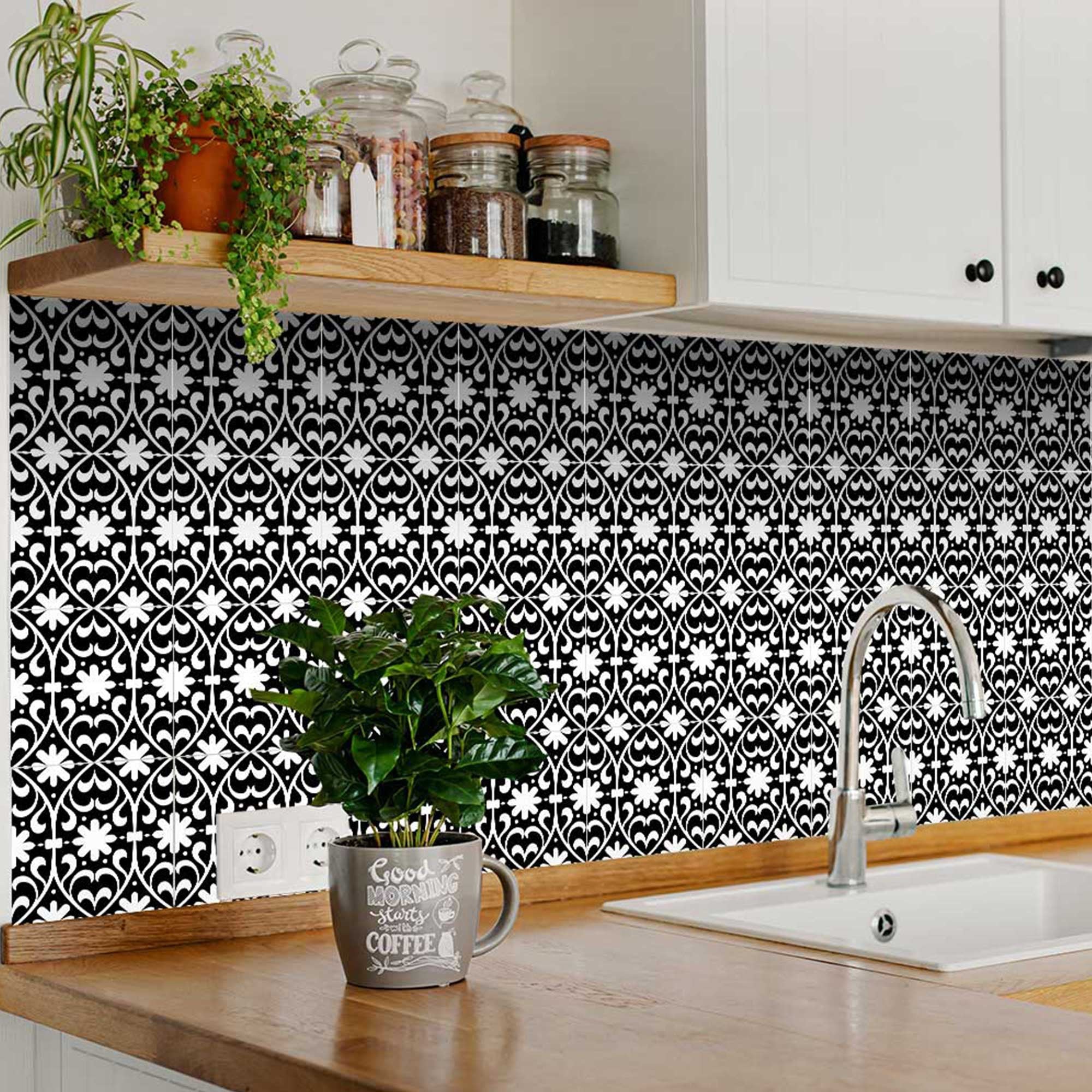 8" X 8" Black and White Floral Peel and Stick Removable Tiles - Homeroots - Flyclothing LLC