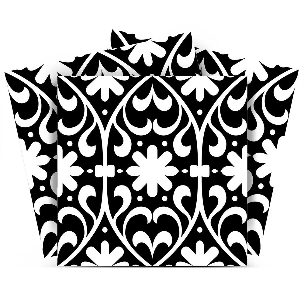 8" X 8" Black and White Floral Peel and Stick Removable Tiles - Homeroots