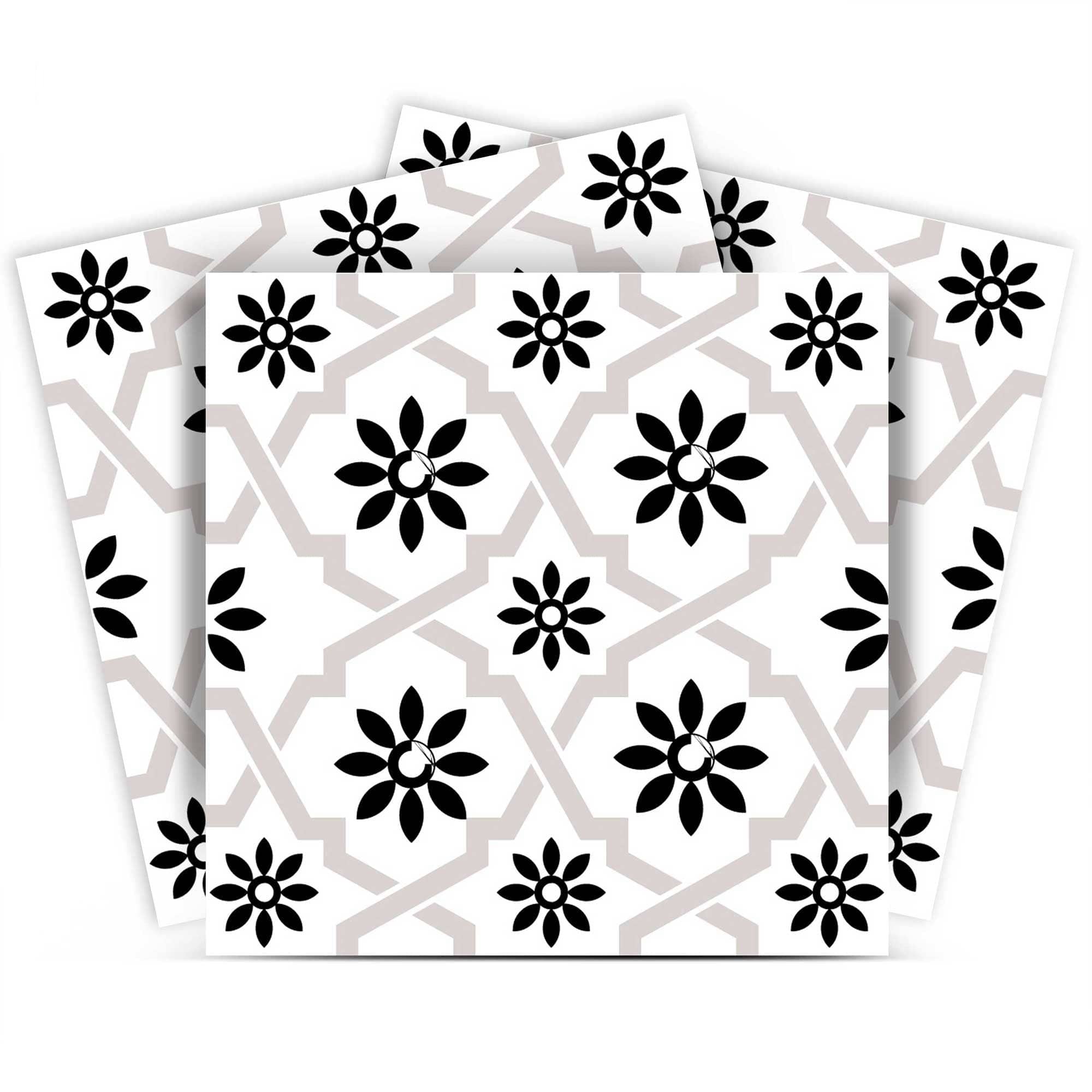 4" X 4" Black and White Lil Daisy Peel and Stick Removable Tiles - Homeroots - Flyclothing LLC