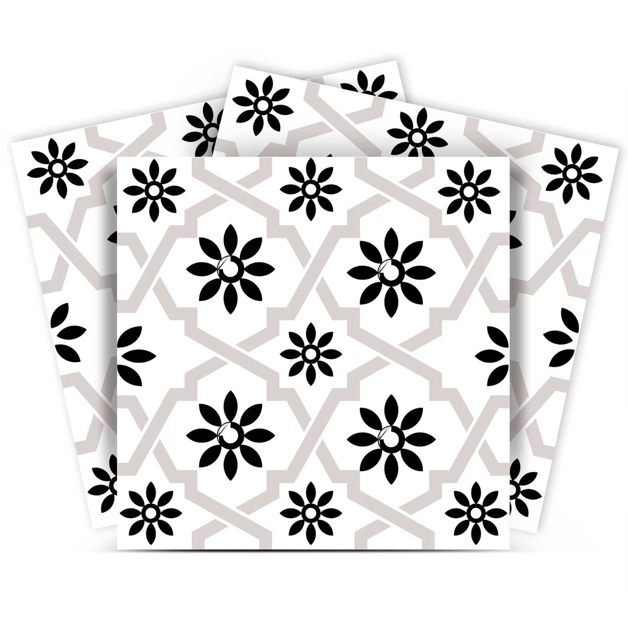 4" X 4" Black and White Lil Daisy Peel and Stick Removable Tiles - Homeroots - Flyclothing LLC
