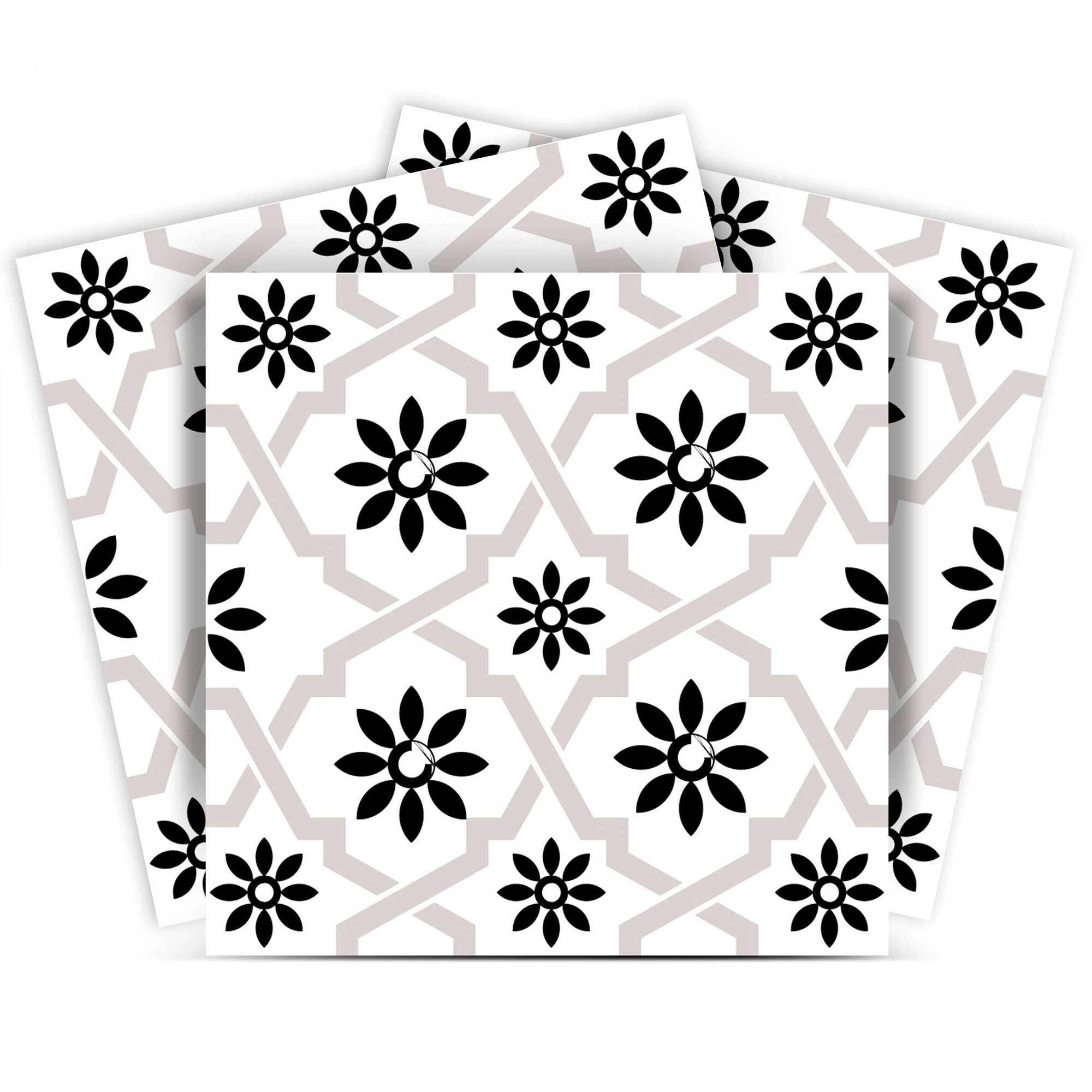 5" X 5" Black and White Lil Daisy Peel and Stick Removable Tiles - Homeroots - Flyclothing LLC