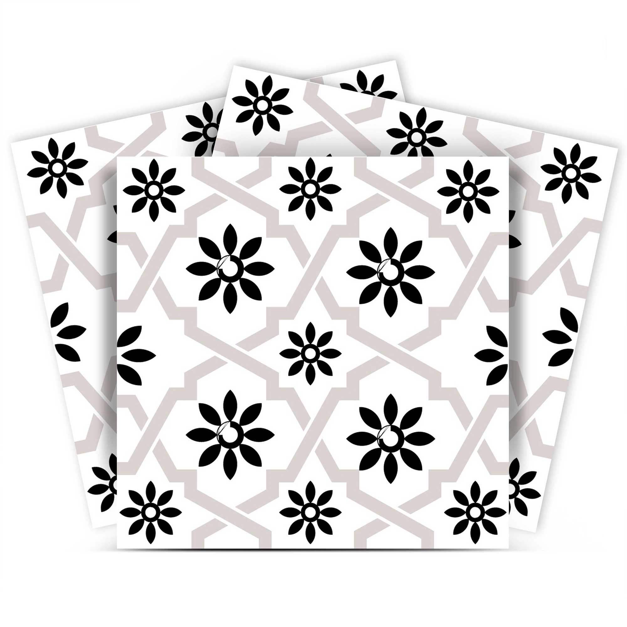 7" X 7" Black and White Lil Daisy Peel and Stick Removable Tiles - Homeroots - Flyclothing LLC
