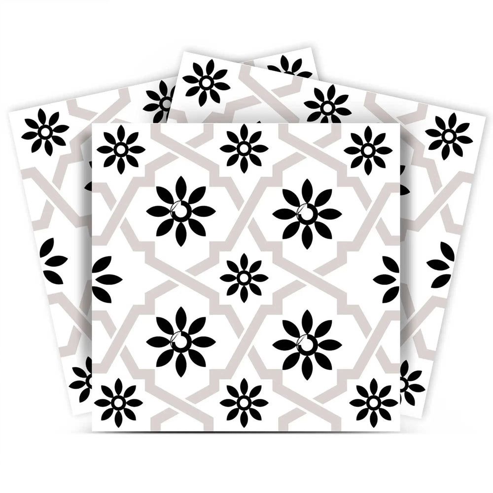 7" X 7" Black and White Lil  Daisy Peel and Stick Removable Tiles - Homeroots