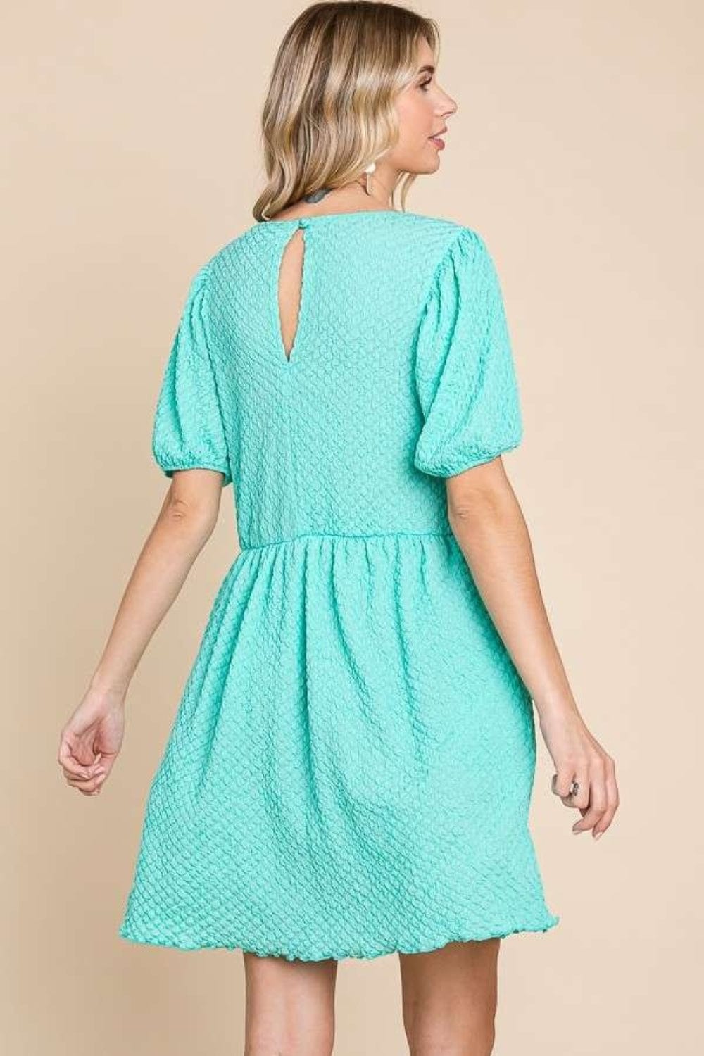 Culture Code Full Size Textured Round Neck Puff Sleeve Dress - Trendsi