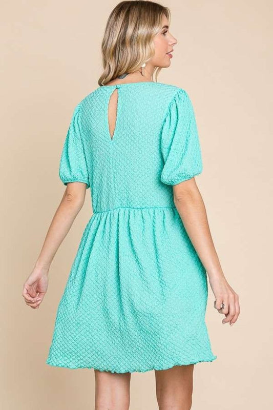 Culture Code Full Size Textured Round Neck Puff Sleeve Dress - Trendsi