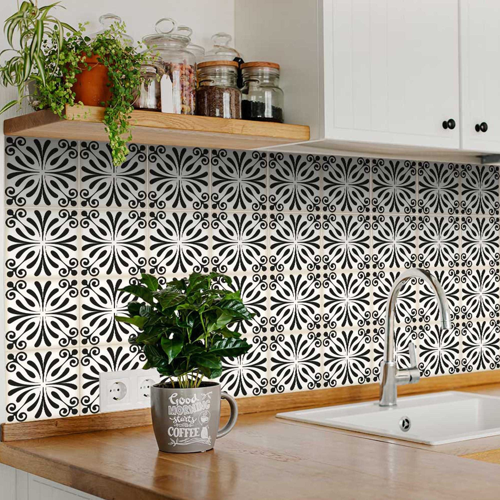 7" X 7" Black and White Flo Peel and Stick Removable Tiles - Homeroots
