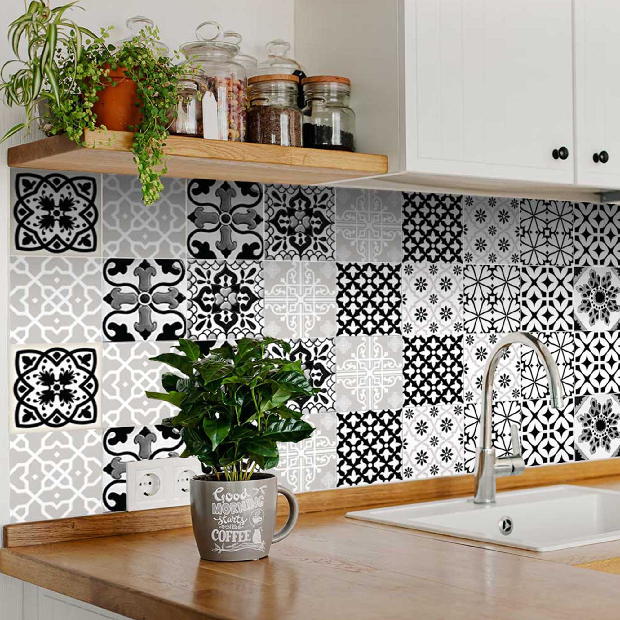 7" X 7" Black White and Gray Bella Peel and Stick Tiles - Homeroots - Flyclothing LLC