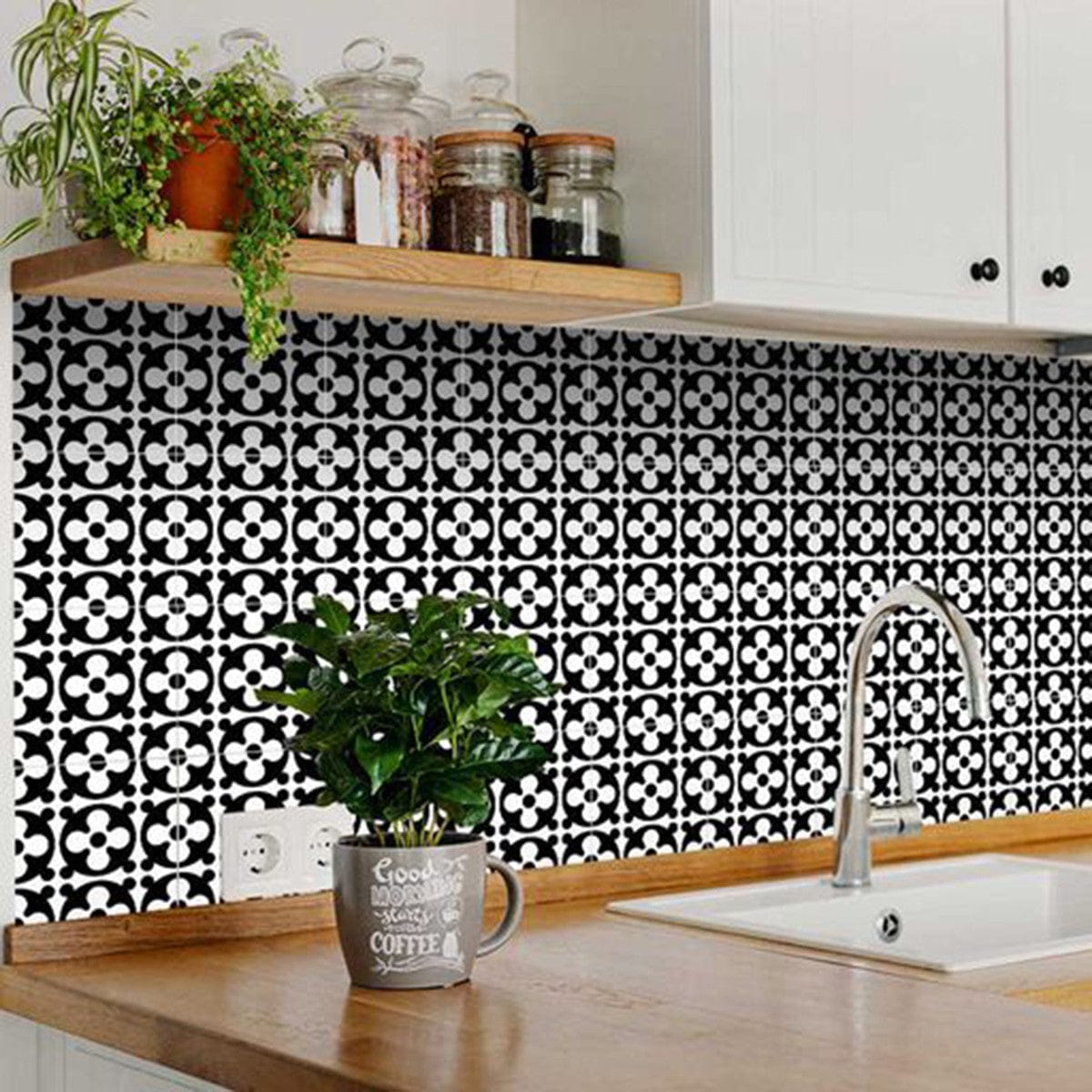 5" X 5" Black and White Medeci Peel and Stick Removable Tiles - Homeroots - Flyclothing LLC