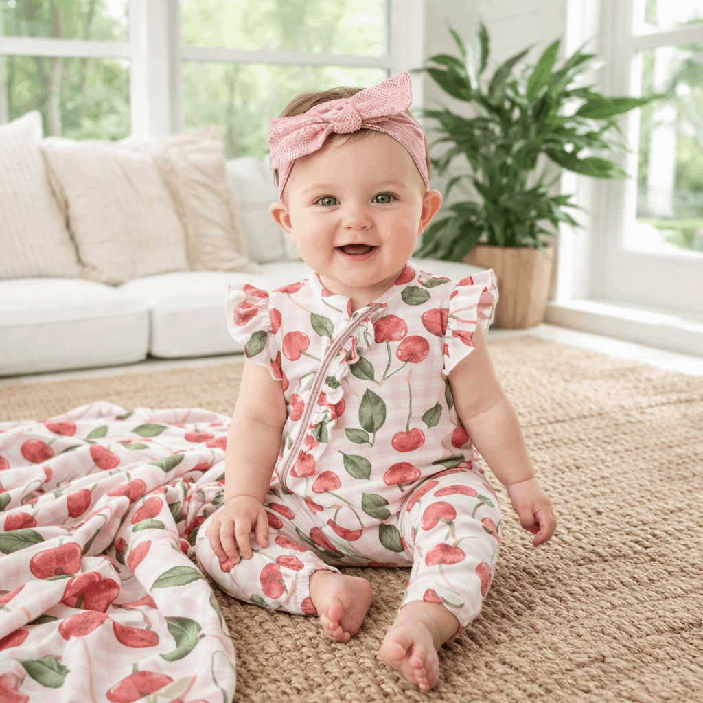 Cherry Picnic Baby Girl Romper – Soft Bamboo Zipper - Tesa Babe - Flyclothing LLC